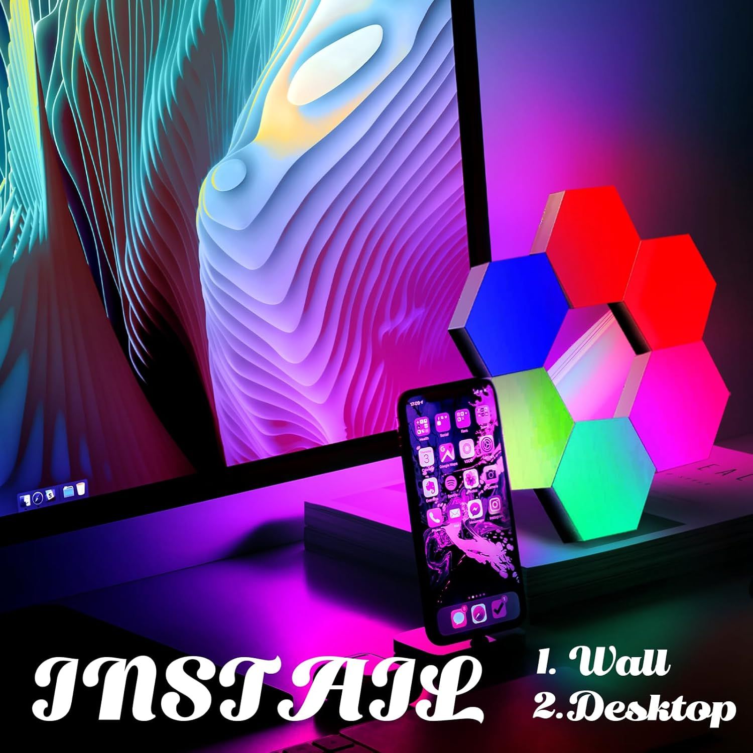 Demonstrates the versatility of the product by showing it can be used in two different environments: mounted on a wall or placed on a desktop workspace.