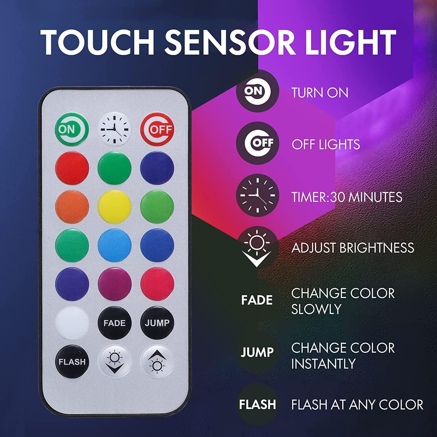 Explains how to use the remote control to operate the touch sensor light, including turning it on/off, setting a timer, adjusting brightness, and changing colors.