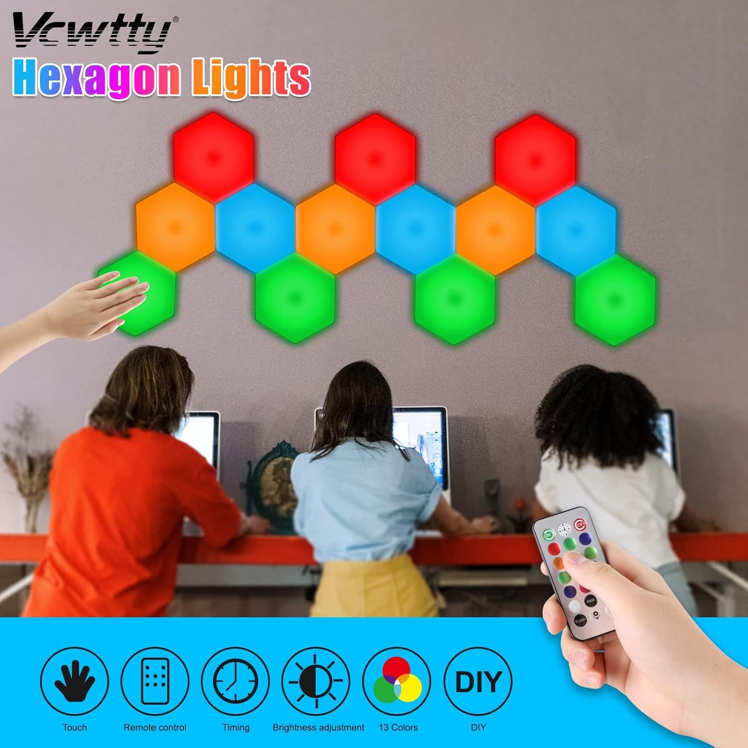 Showcases multiple features of the hexagon lights including touch control, remote operation, timing function, adjustable brightness, color variety, and DIY installation to demonstrate the product's…