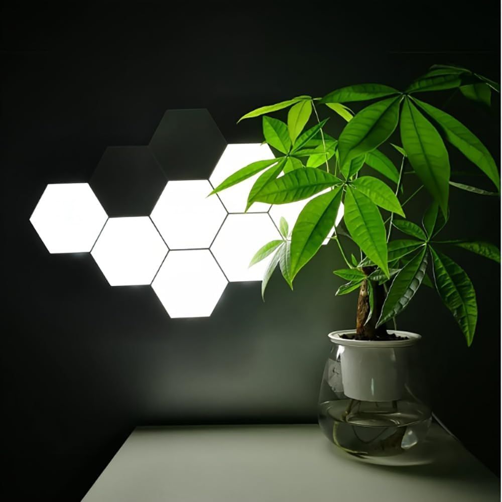 Shows the product in a real-world home setting to help shoppers visualize how the hexagonal wall lights would look in their own space.