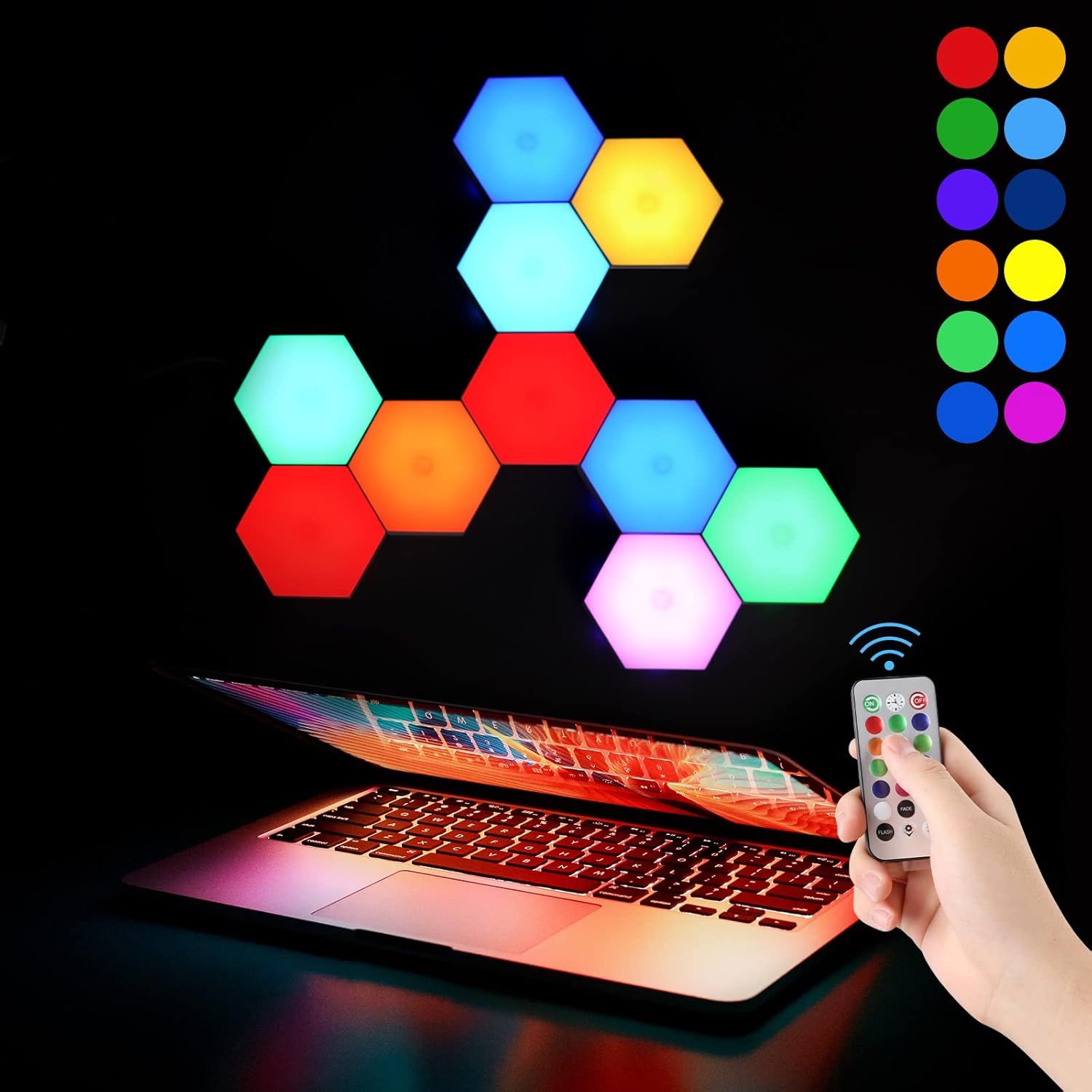 Demonstrates the product's multiple color options, remote control functionality, and modular hexagonal design to show versatility and ease of customization for ambient lighting.