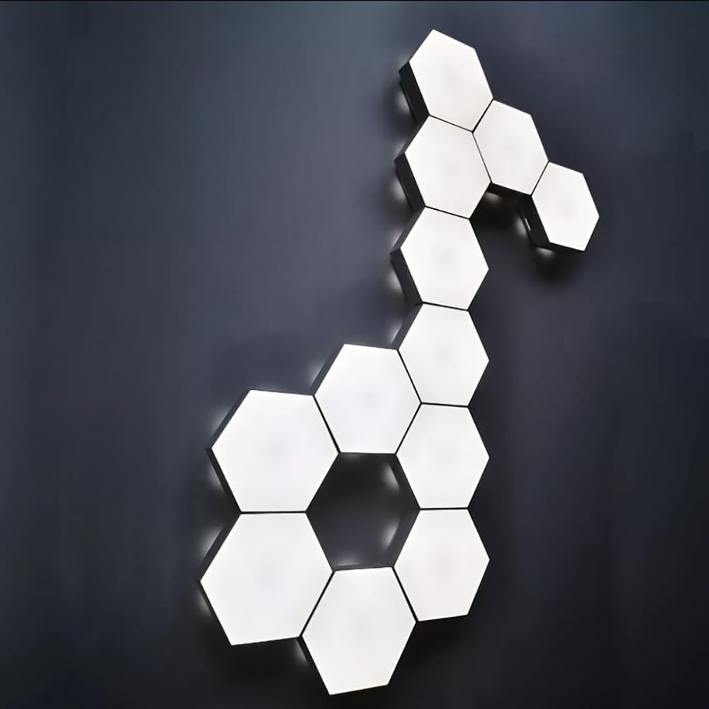 Demonstrates the product's modular hexagonal tile design that can be arranged in custom configurations to create unique lighting patterns.