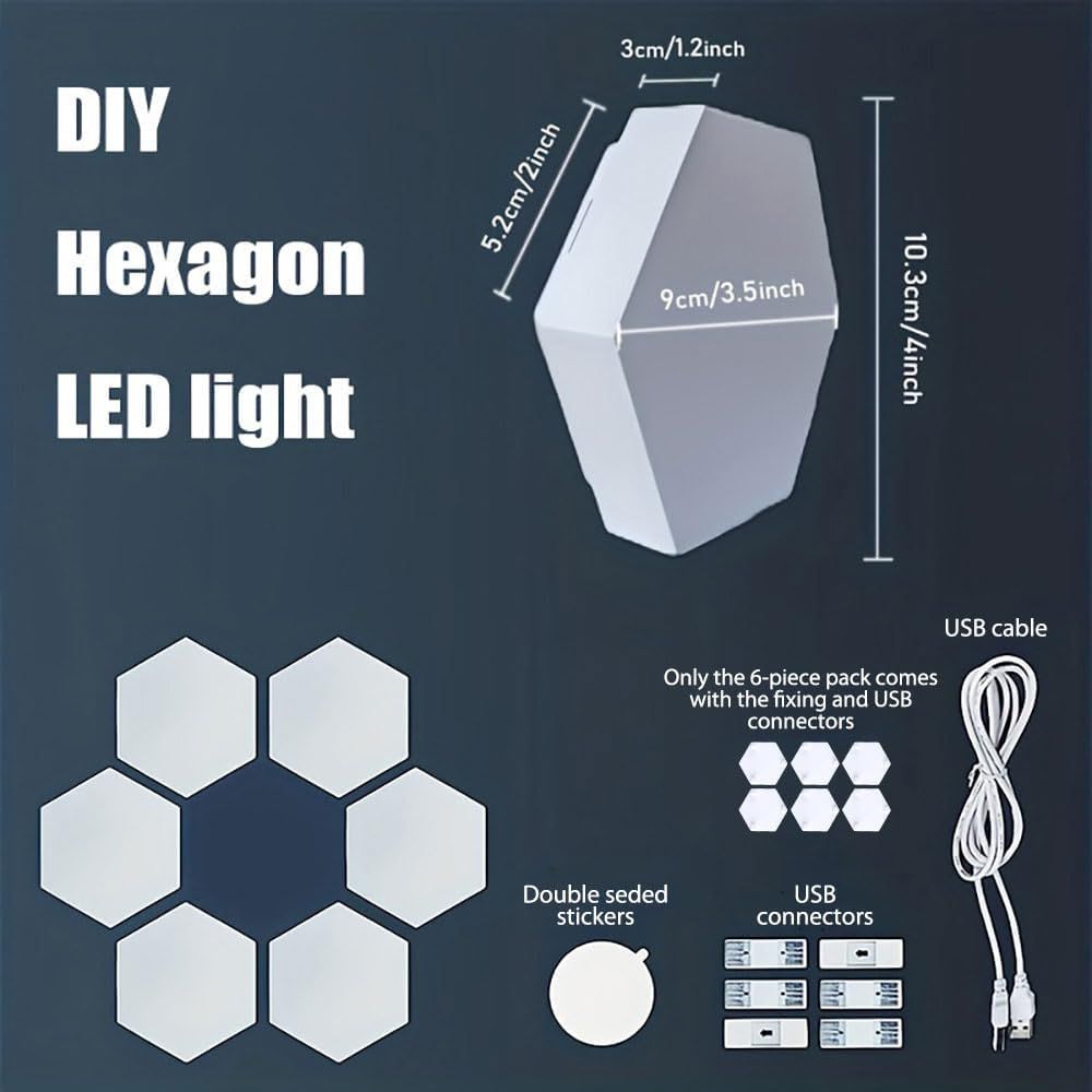 Communicates the exact dimensions of each hexagon LED light panel to help shoppers understand the physical size before purchase. Shows all items included in the package such as hexagon panels, USB…