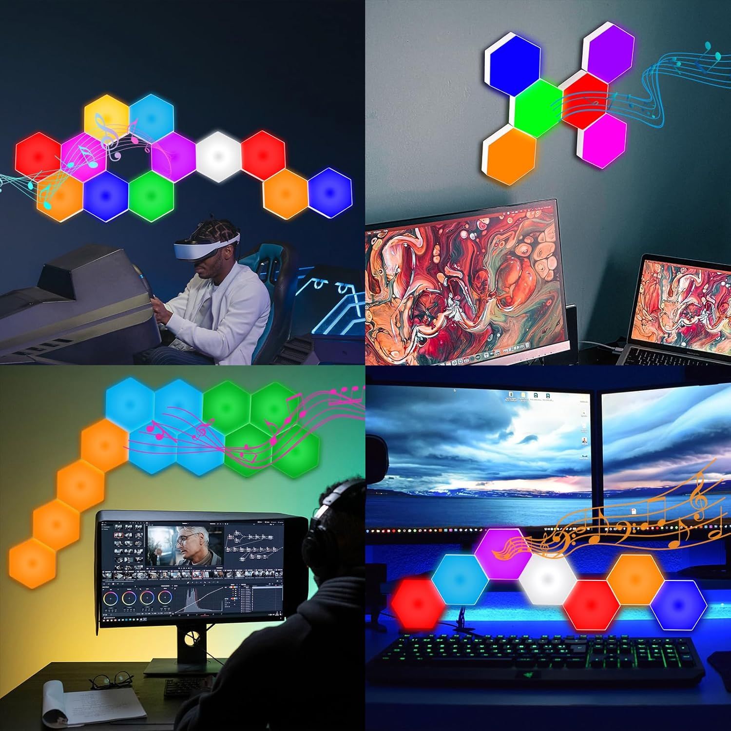 Demonstrates the product's versatility by showing it in different real-world settings including home office, gaming setup, creative workspace, and professional environments to communicate it works…