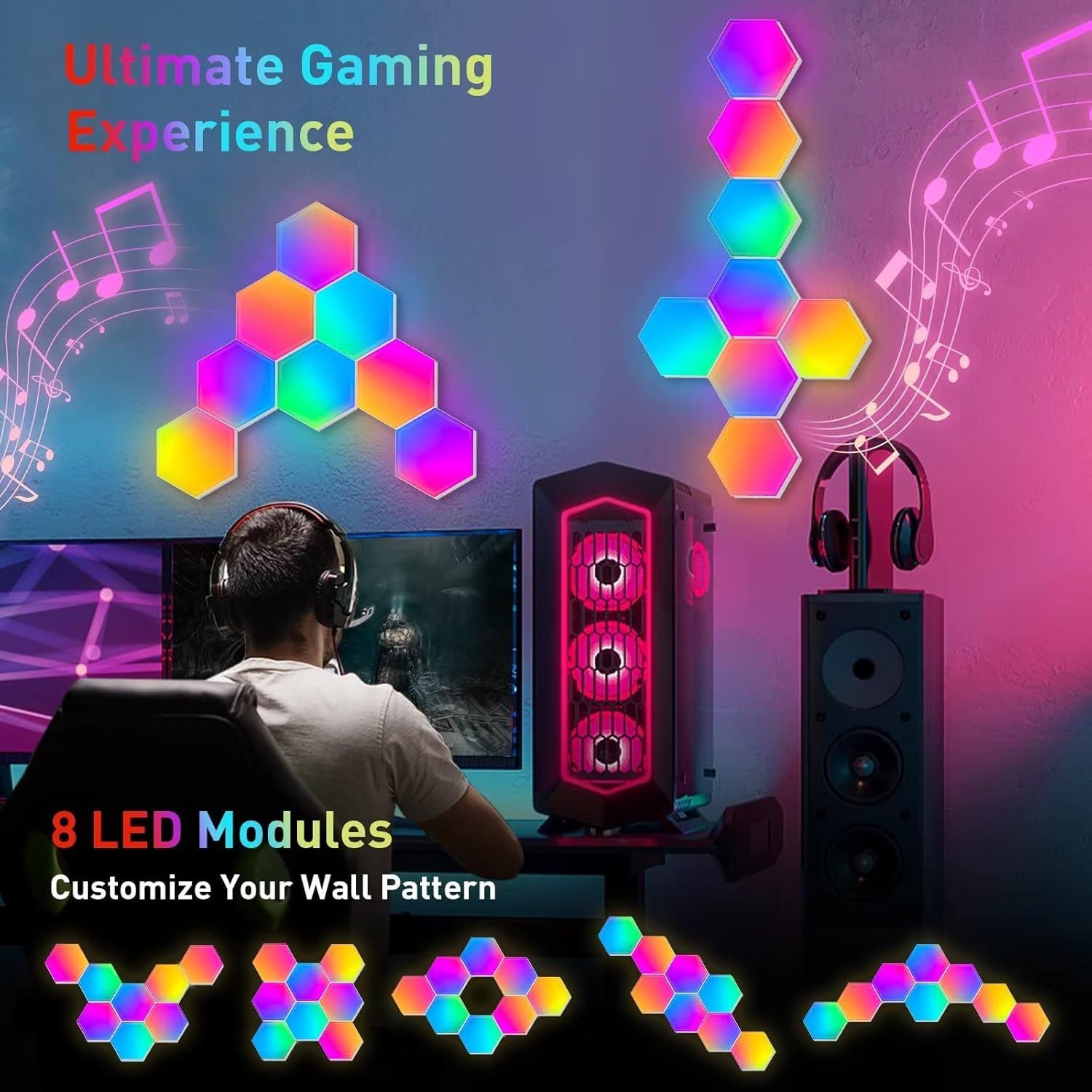 Showcases the LED hexagon modules as customizable gaming room decor that enhances the gaming experience with vibrant lighting and flexible wall patterns.