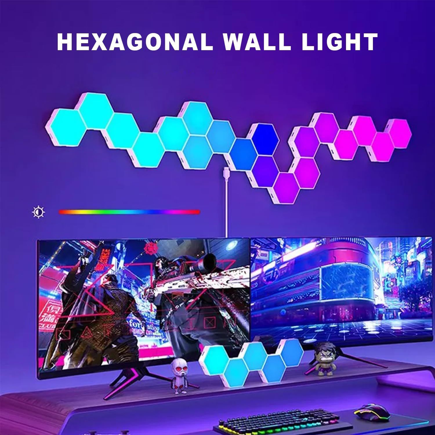 Demonstrates how the hexagonal wall light can be used to create an immersive gaming environment, showing the product's versatility in enhancing a gaming room setup.