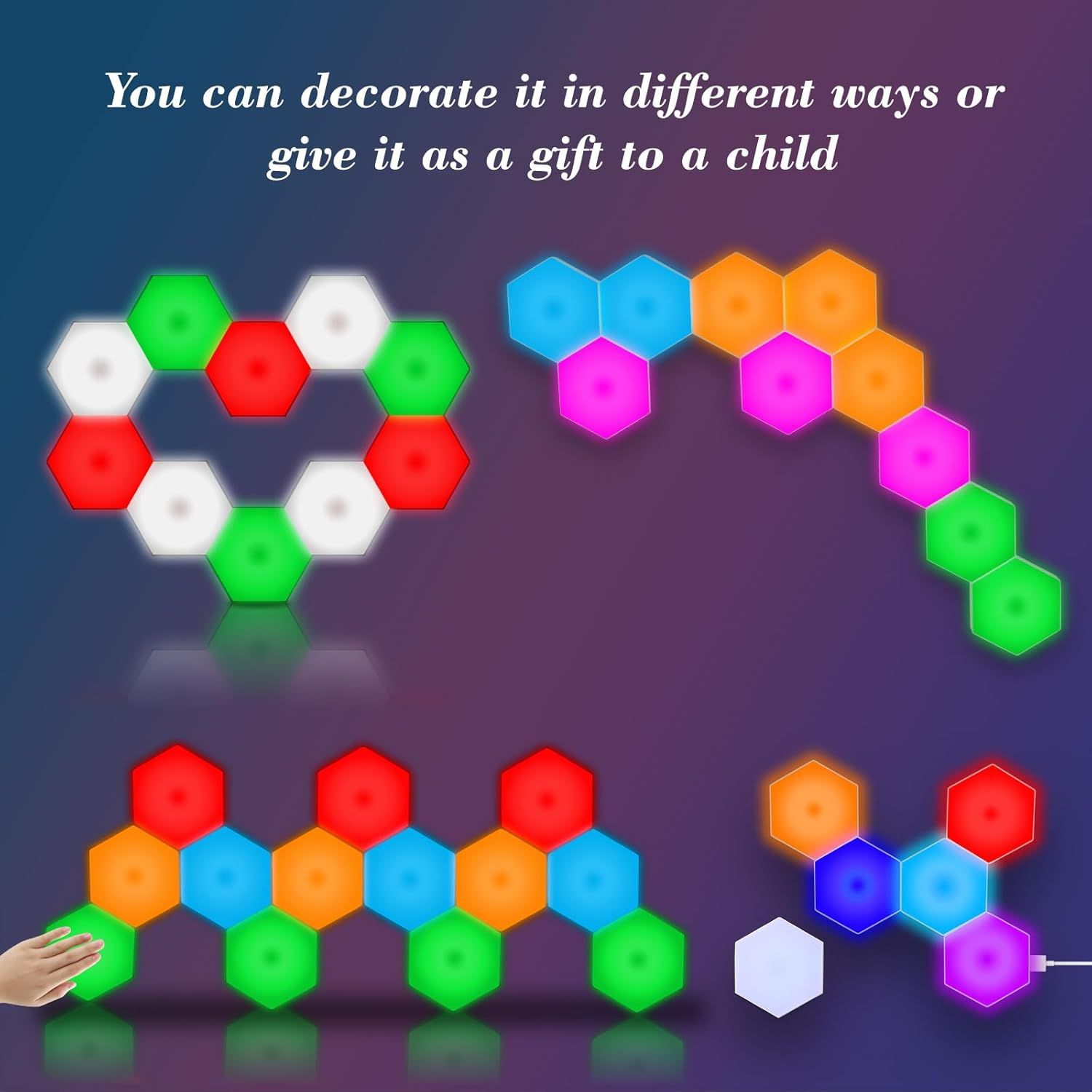 Demonstrates the versatility of the hexagonal light tiles by showing different creative arrangements and use cases, emphasizing they can be decorated in various ways or given as a gift to a child.