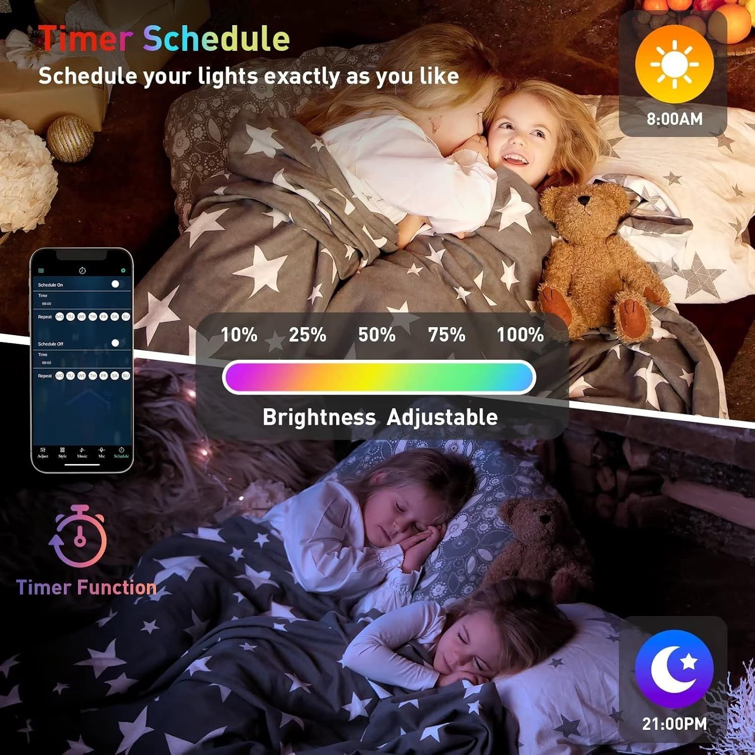 Showcases multiple smart lighting features including scheduling capabilities, adjustable brightness levels, and timer functionality to demonstrate the product's versatility and convenience for…