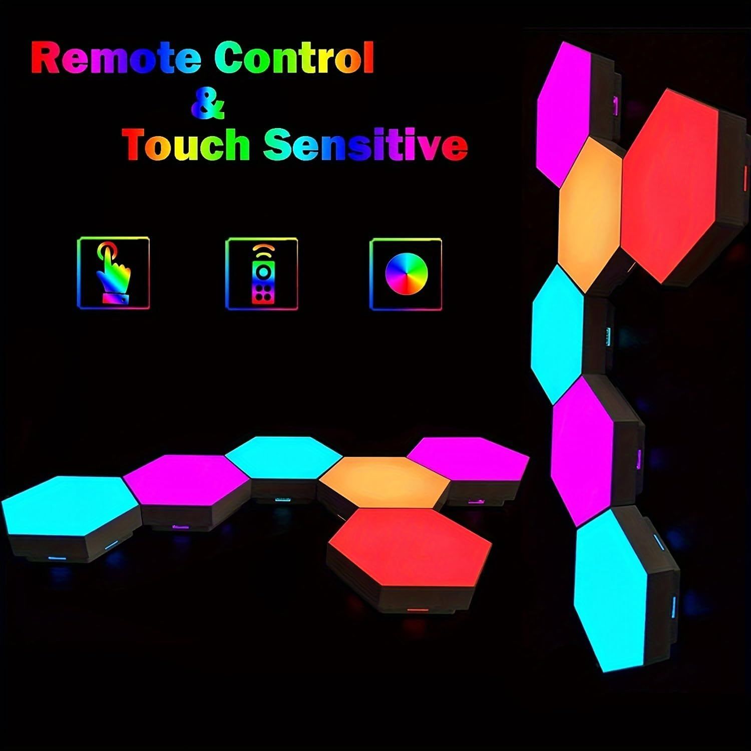 Communicates that the modular light panels can be controlled remotely and are touch-sensitive, offering multiple convenient ways to interact with and customize the lighting.