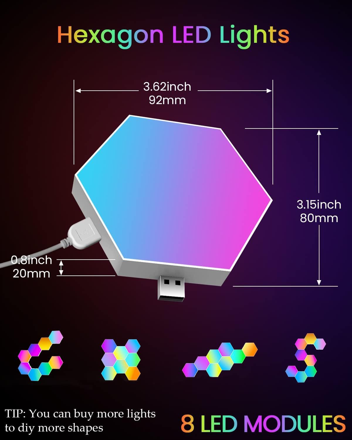 Provides precise measurements of the hexagon LED light panel to help shoppers understand the exact physical size of each module before purchase. Demonstrates the versatility of the product by…