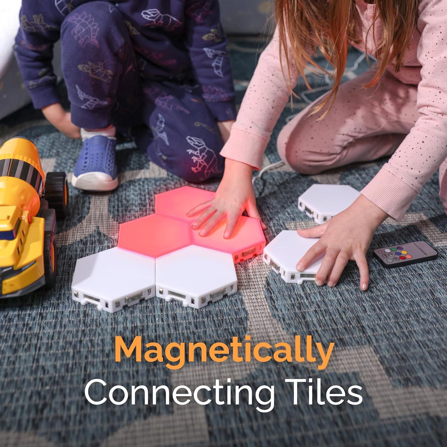 Highlights the magnetic connecting feature of the tiles to show how easily they snap together for play and creativity.