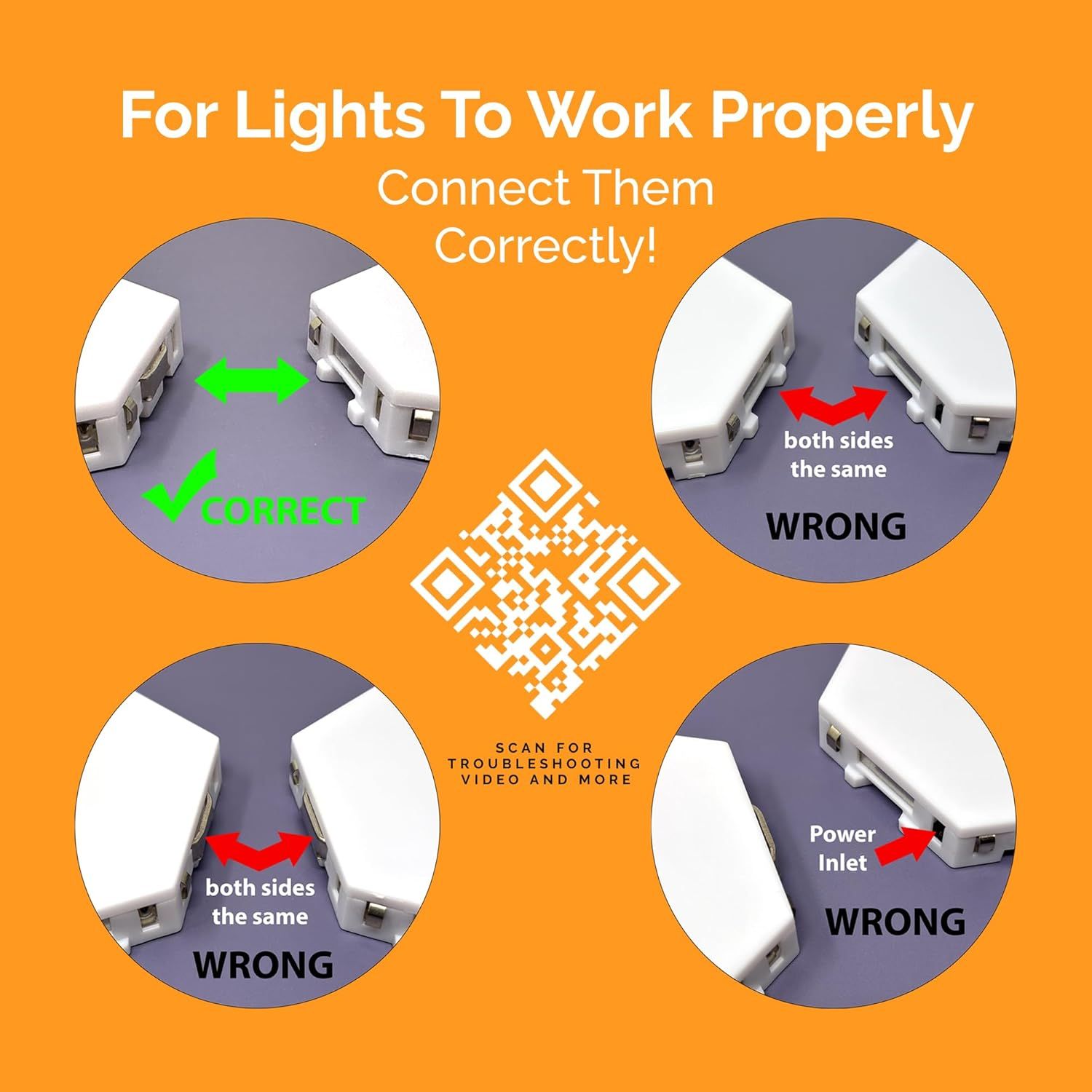 Instructs shoppers on the correct way to connect light components by showing correct versus incorrect connection orientations to ensure proper functionality.