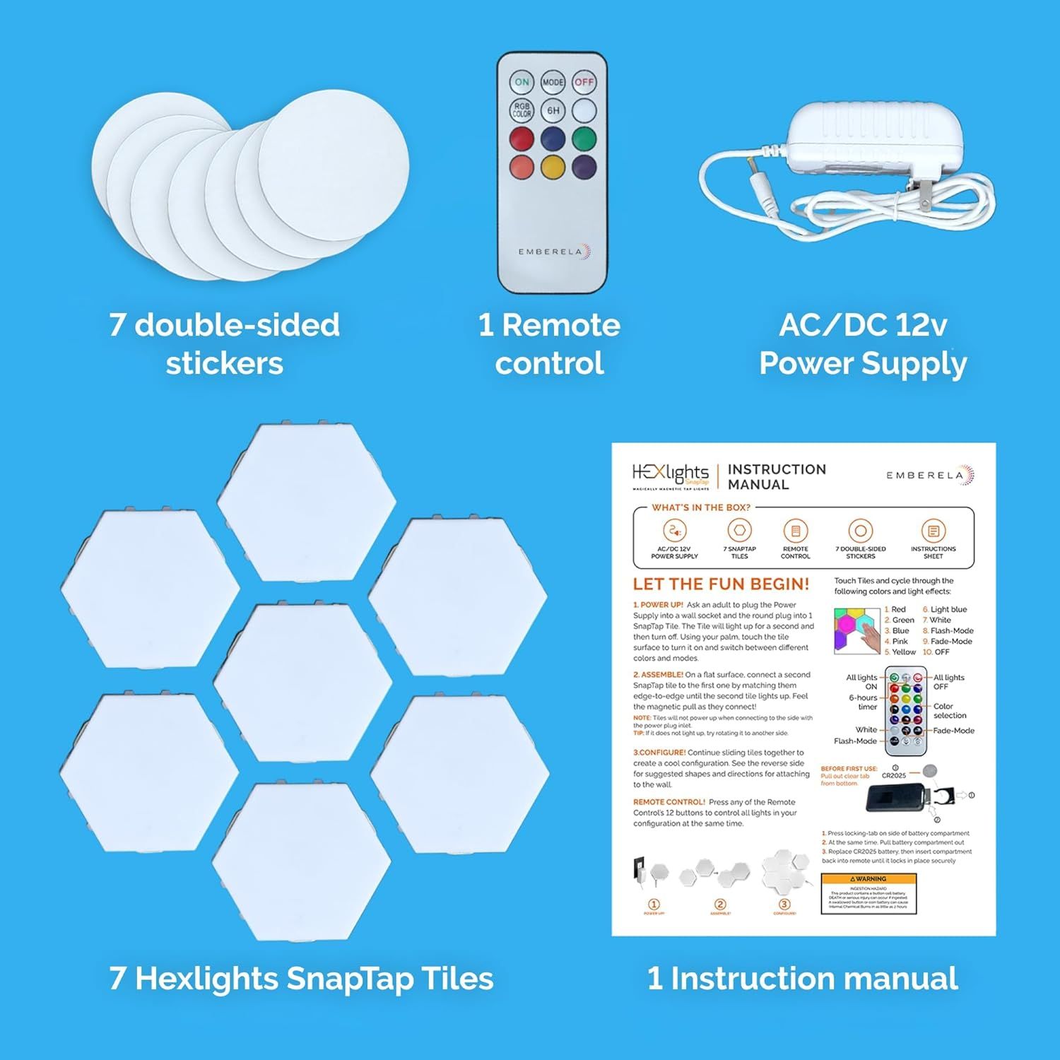 Shows everything included in the package: 7 hexagonal light tiles, 7 double-sided stickers, remote control, power supply, and instruction manual to help shoppers understand the full value of their…