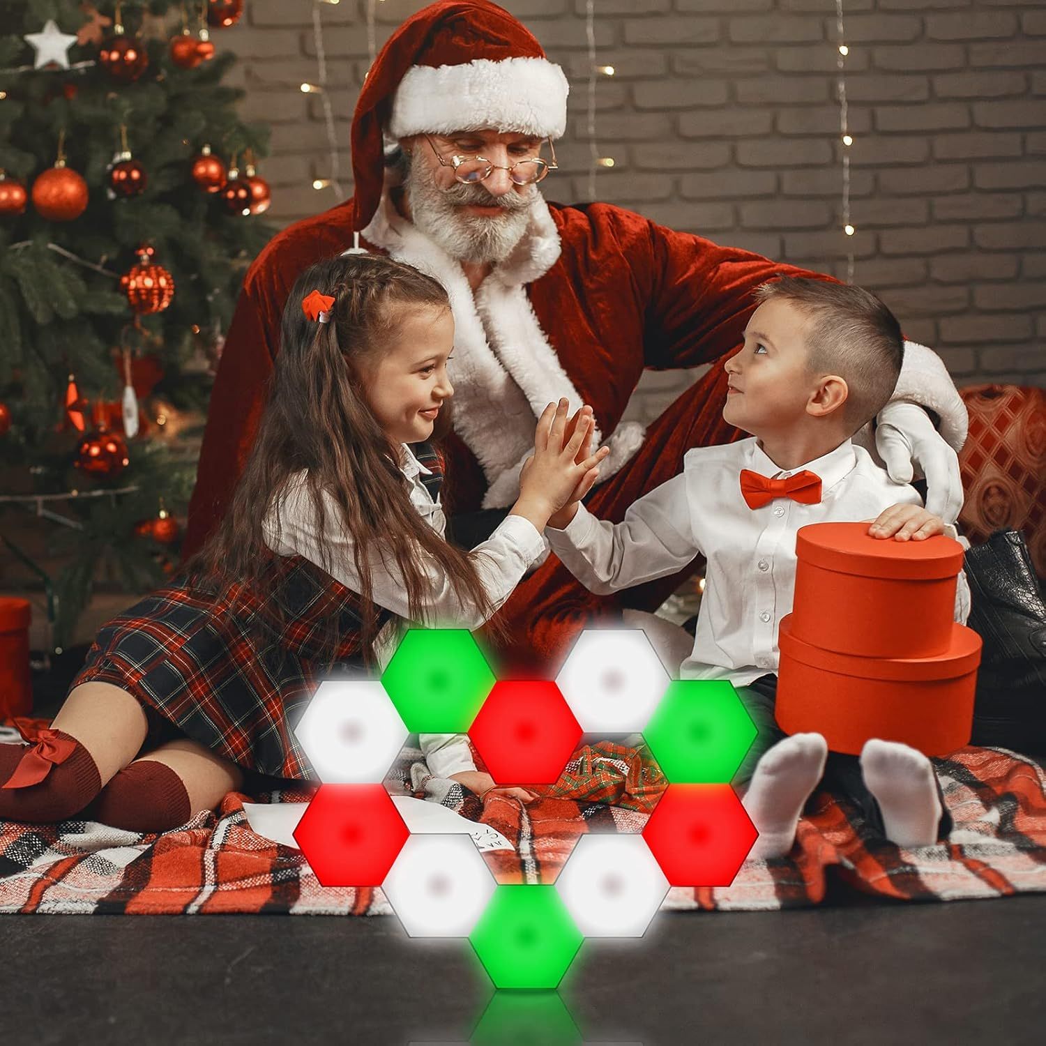 Positions the product as a perfect Christmas gift by showing children playing with it alongside Santa in a festive holiday setting.