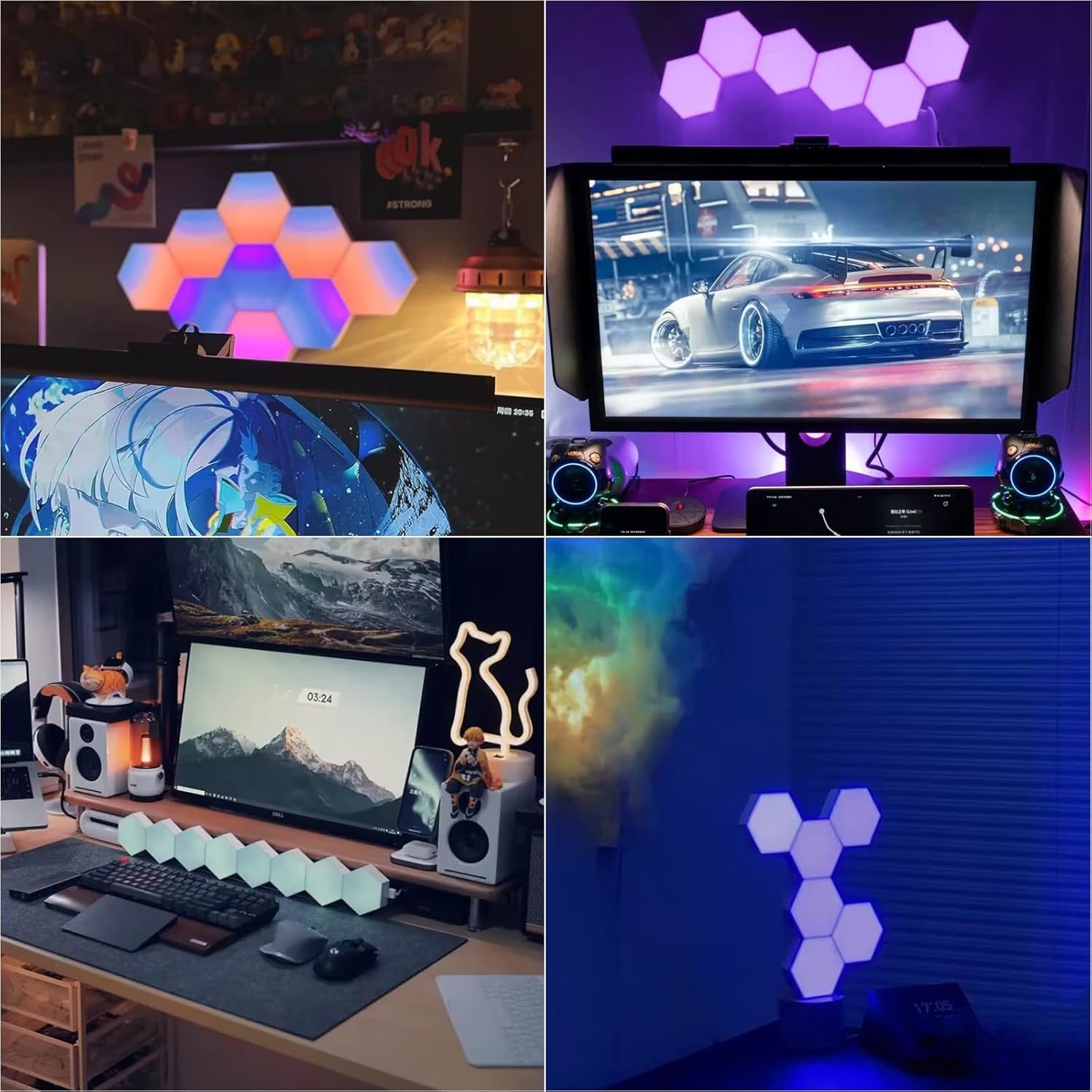 Demonstrates the versatility of the hexagonal lighting product by showing it in multiple real-world environments including gaming stations, workspaces, and entertainment areas to highlight its…