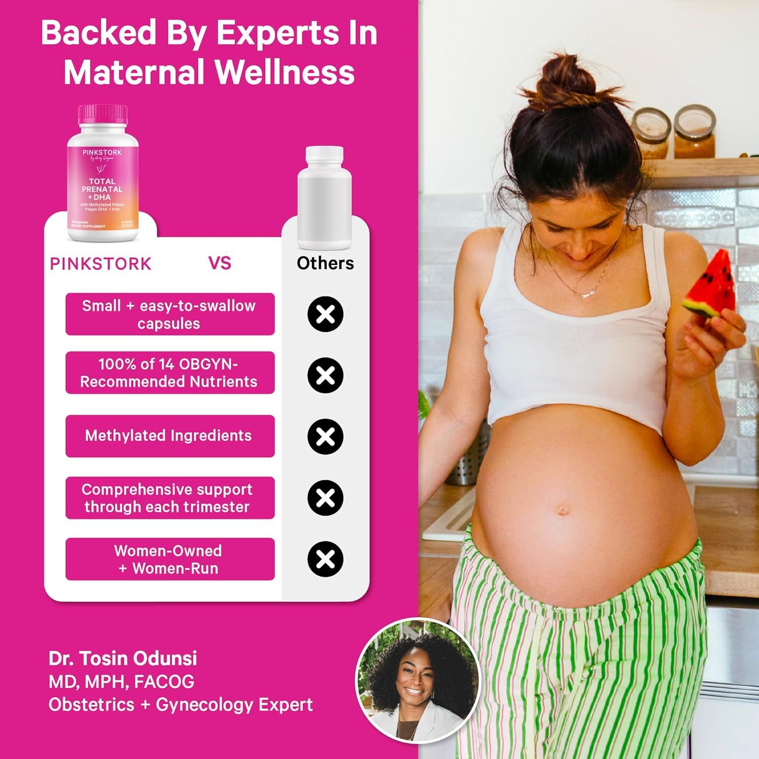 Demonstrates why the Pinkstork prenatal vitamin is superior to competitors by highlighting five key differentiators including capsule size, nutrient completeness, ingredient quality, comprehensive…