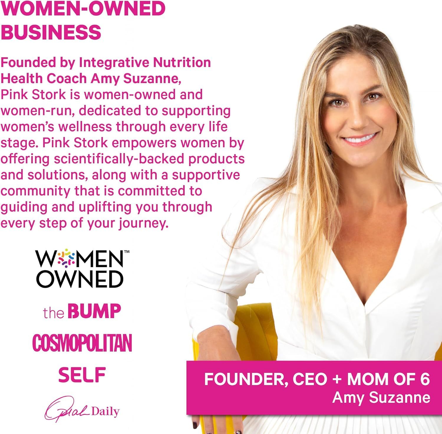 Emphasizes the brand's identity as a women-owned business founded by a health coach, building trust and emotional connection through the founder's story and mission to support women's wellness.