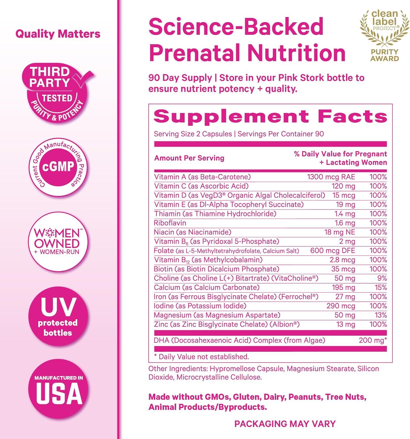 Communicates multiple quality and trust signals including scientific backing, third-party testing, manufacturing standards, and brand values to reassure pregnant shoppers about product safety and…