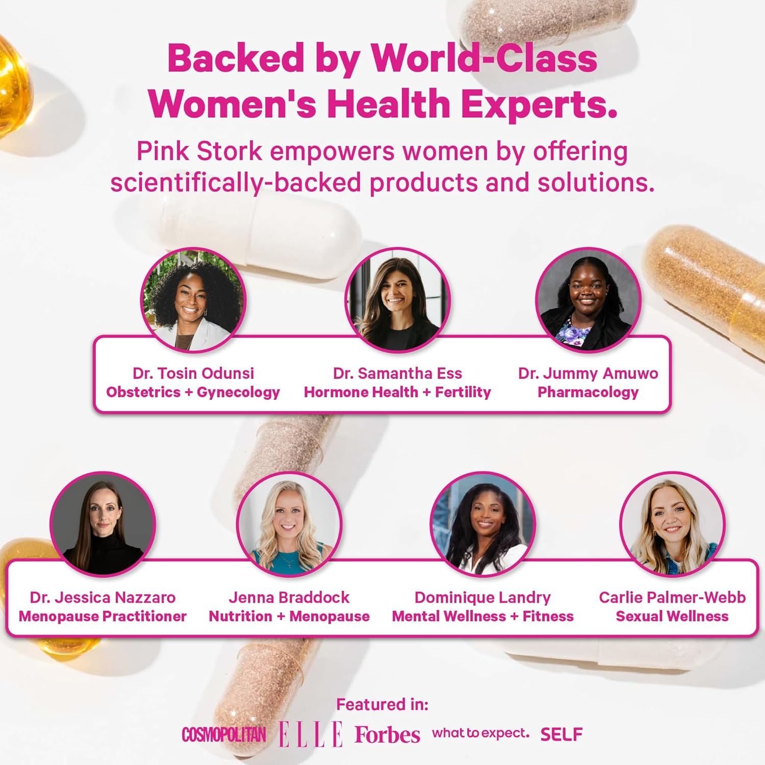 Establishes brand trust and authority by showcasing the team of world-class women's health experts who back Pink Stork products, reinforcing the brand's credibility and mission to empower women with…