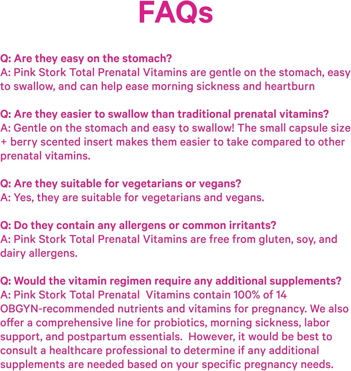 This FAQ-style image addresses multiple common customer concerns about prenatal vitamins, including ease of swallowing, stomach sensitivity, dietary compatibility, allergen content, and nutritional…