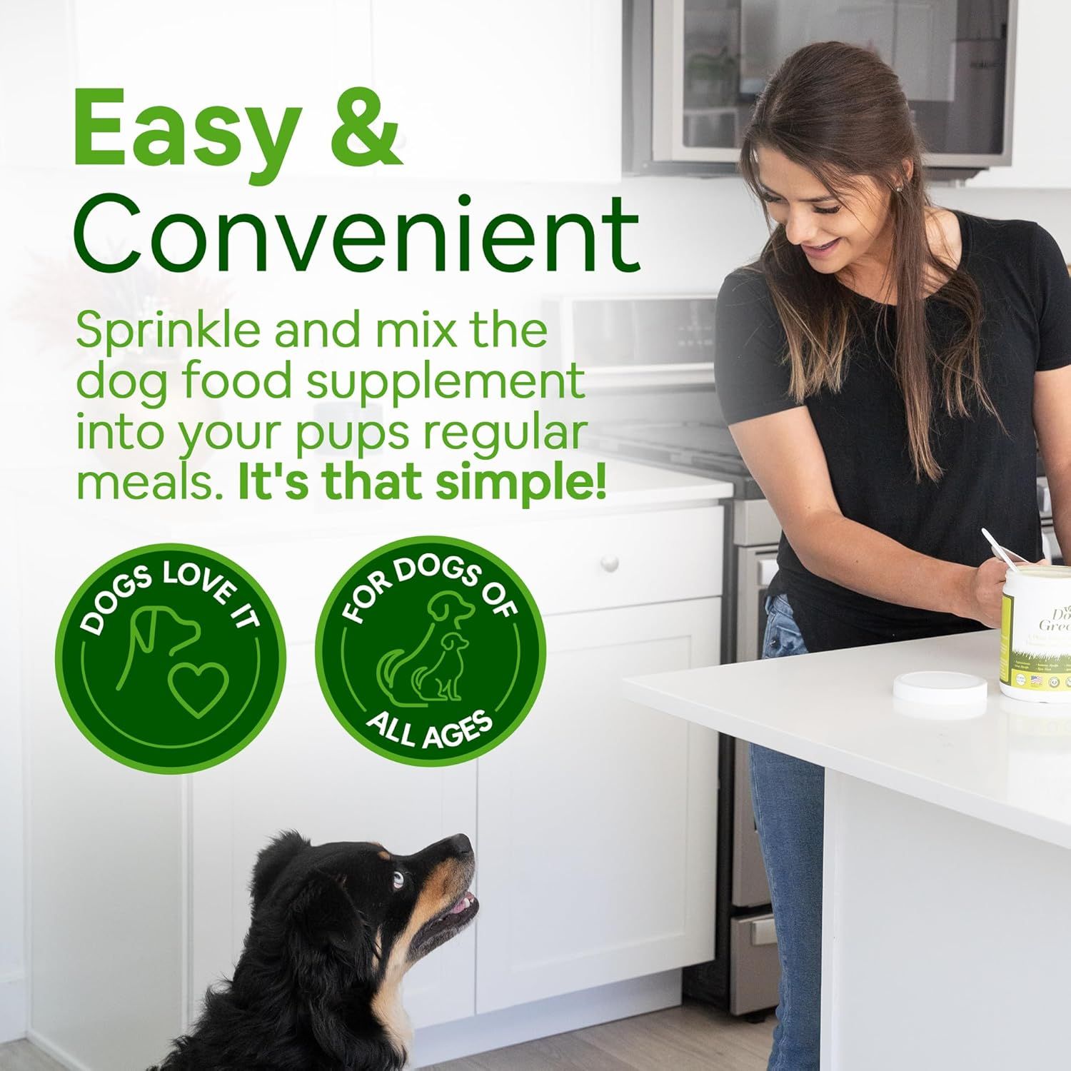 Communicates that the dog food supplement is simple to use by sprinkling and mixing into regular meals, reducing friction for pet owners and emphasizing convenience.