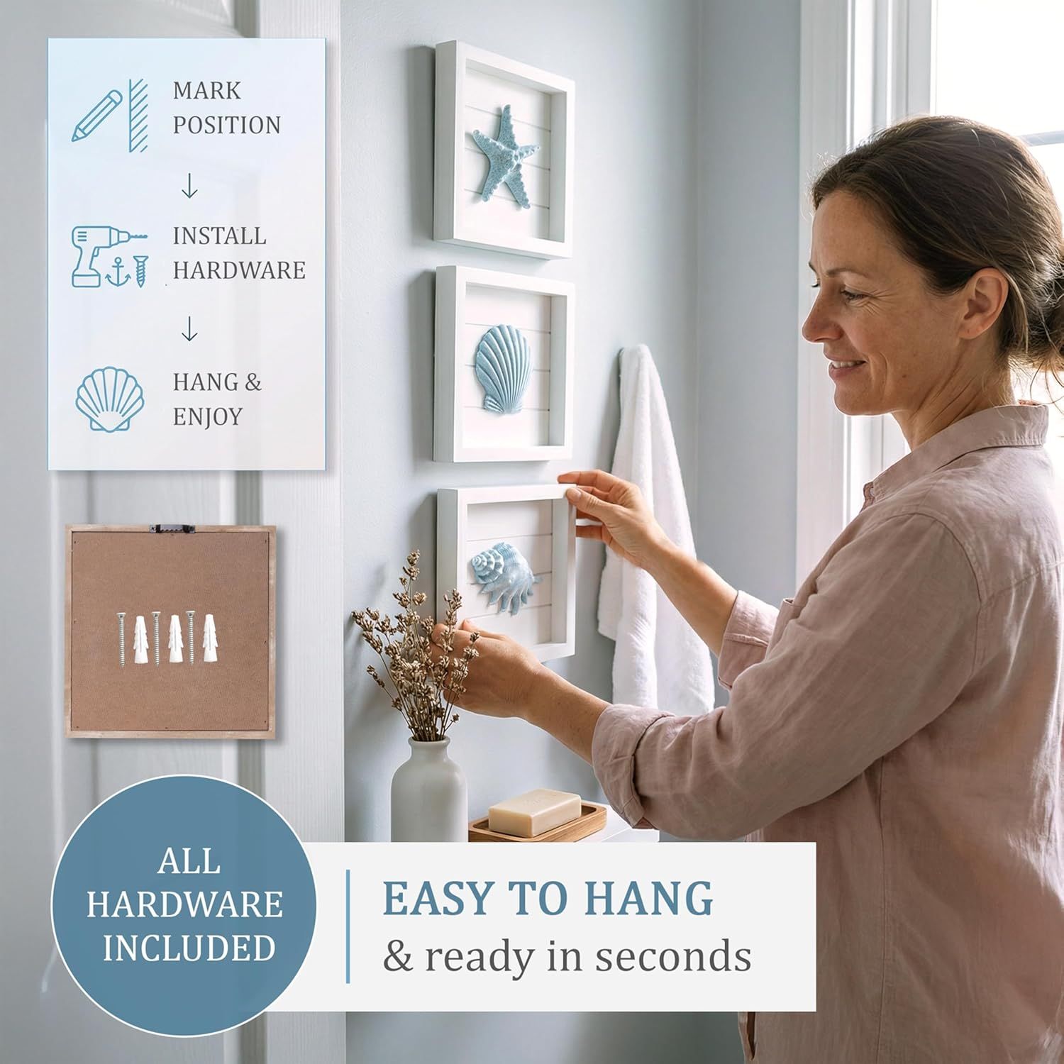 Demonstrates the simple three-step installation process to reassure shoppers that the product is easy to hang and requires minimal effort to set up. Communicates that all necessary mounting hardware…