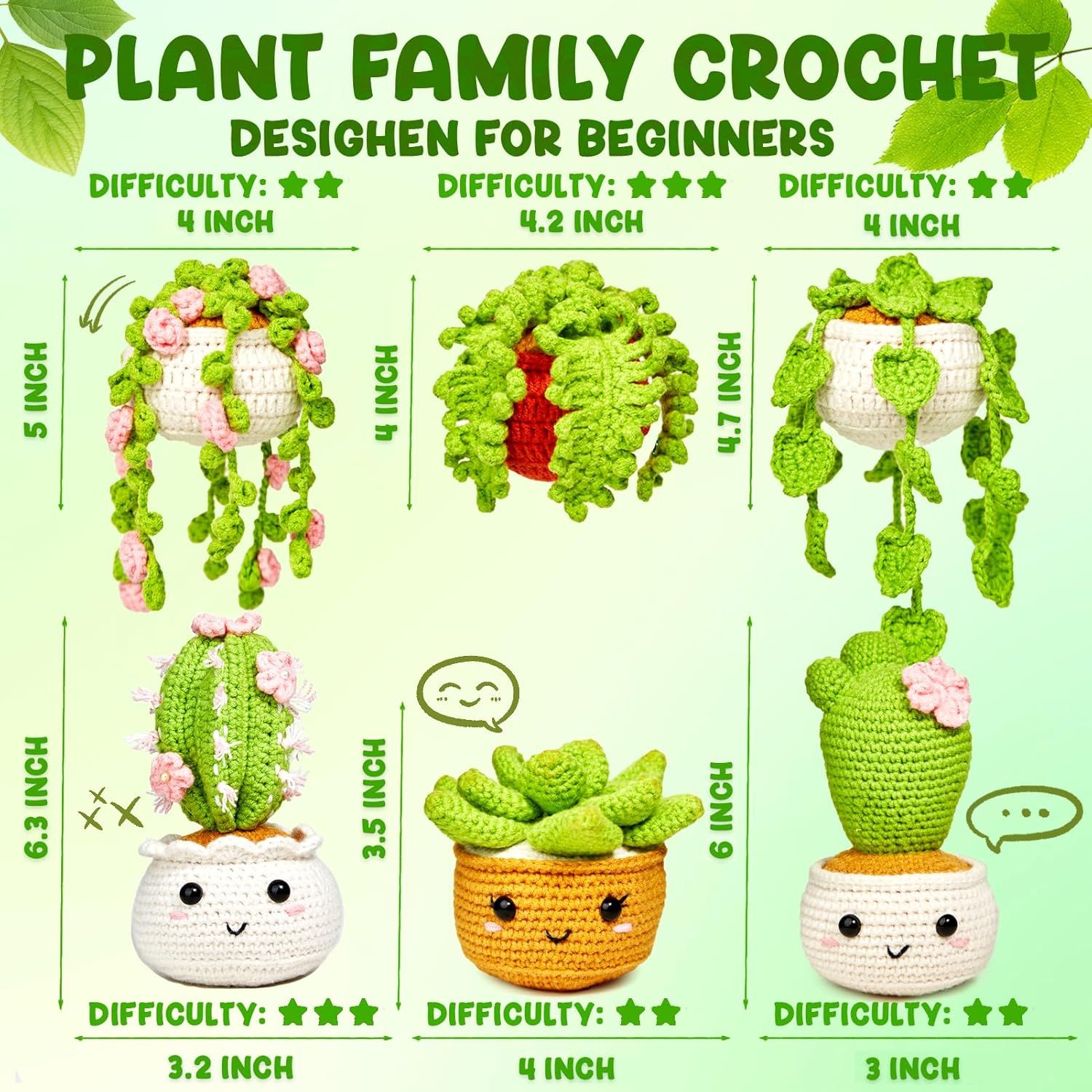 Communicates the exact dimensions of each crochet plant variant to help shoppers understand the physical size of the product they will receive. Shows all six crochet plant designs included in the…
