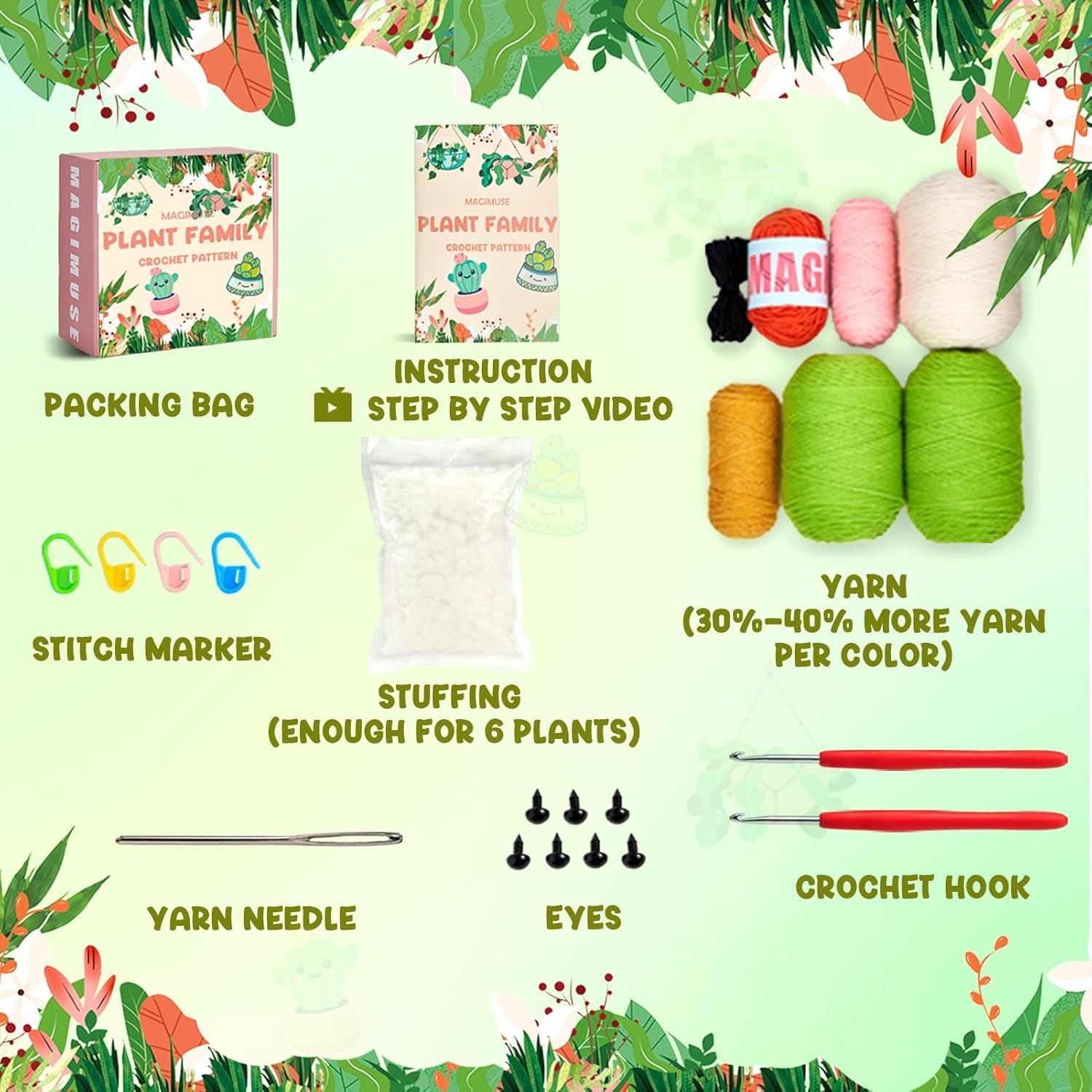 Shows everything included in the Plant Family crochet kit to help shoppers understand the full value and contents they will receive with their purchase.