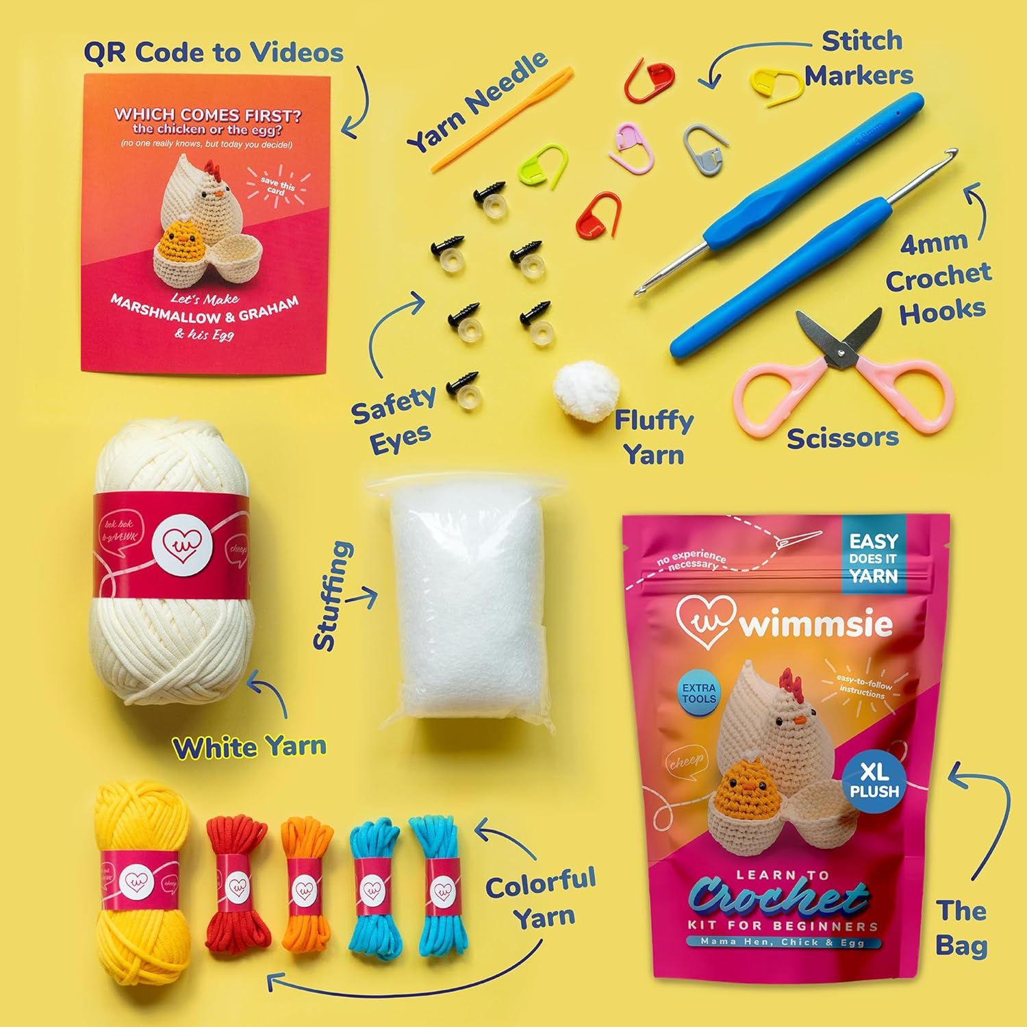 Shows all items included in the crochet kit to help shoppers understand exactly what they will receive, including yarn, tools, instructions, and accessories.