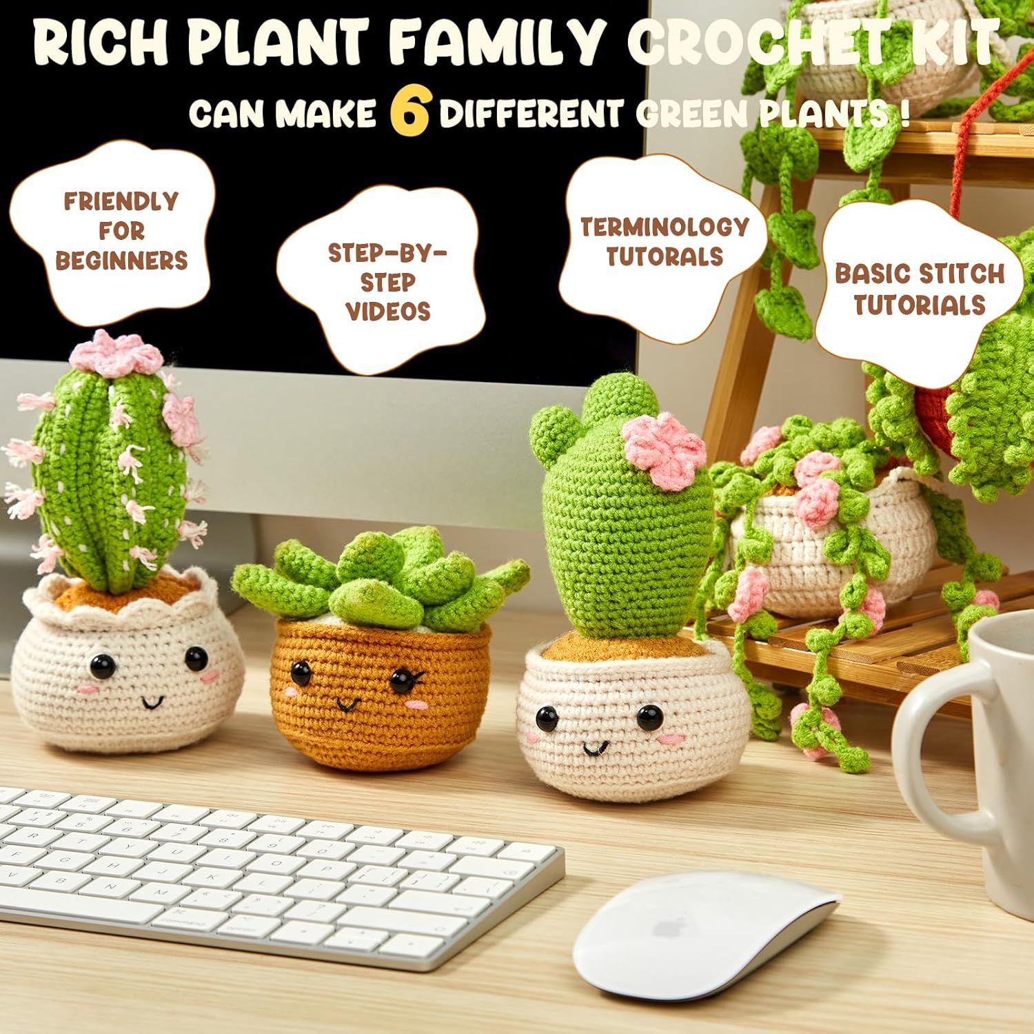 Communicates that this crochet kit includes comprehensive learning resources and can make 6 different plant designs, making it accessible and versatile for beginners.