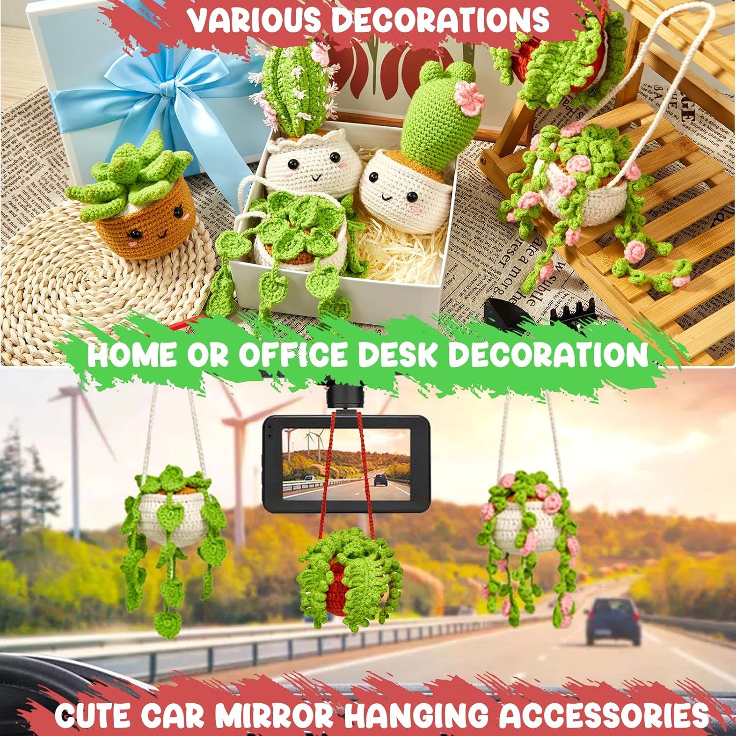 Demonstrates the versatility of the product by showing multiple use cases including home or office desk decoration and car mirror hanging accessories.