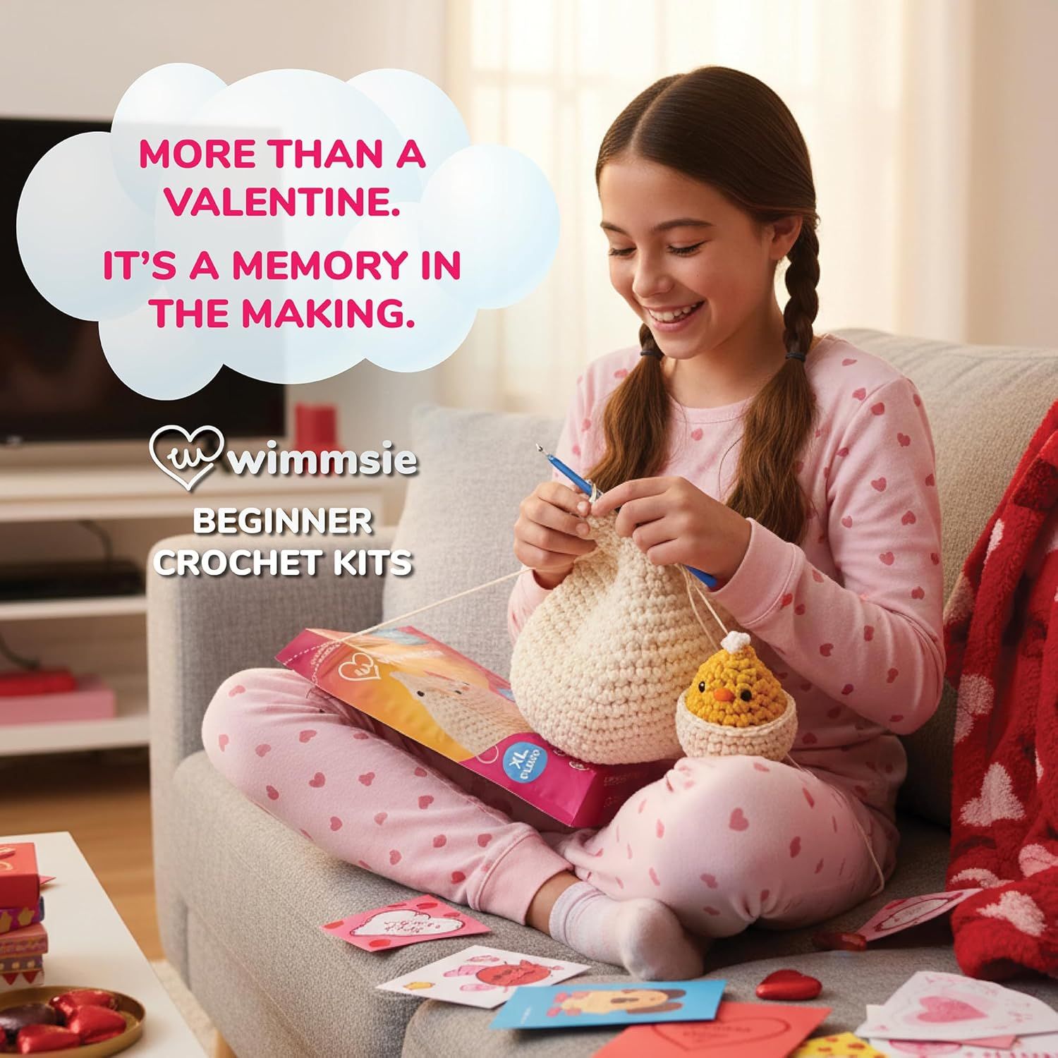 Positions the crochet kit as a meaningful Valentine's Day gift that creates lasting memories, appealing to seasonal shoppers looking for creative and heartfelt gift options. Shows a young girl…