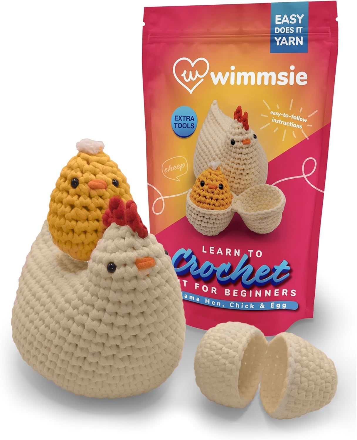 Shows everything included in the crochet kit so shoppers understand they receive the finished product, materials, and instructions to create the hen, chick, and egg.