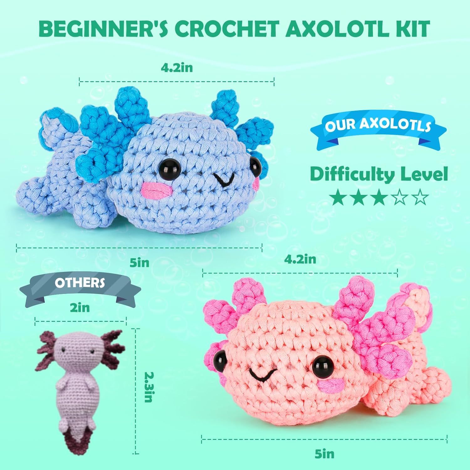 Communicates the exact size of the crochet axolotl products using measurements in inches to help shoppers understand the physical scale of what they will receive. Provides quantifiable information…