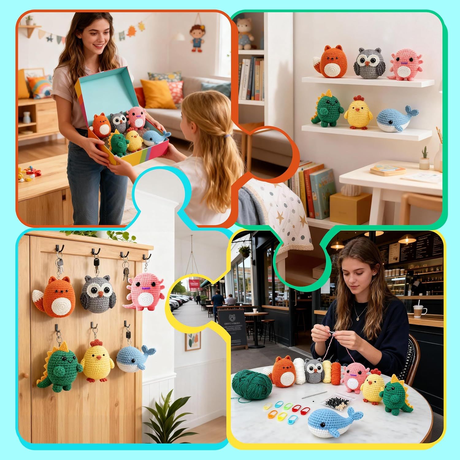 Demonstrates the versatility of the crochet animal products by showing different environments and use cases including as toys for children, decorative shelf items, keychain accessories, and DIY…