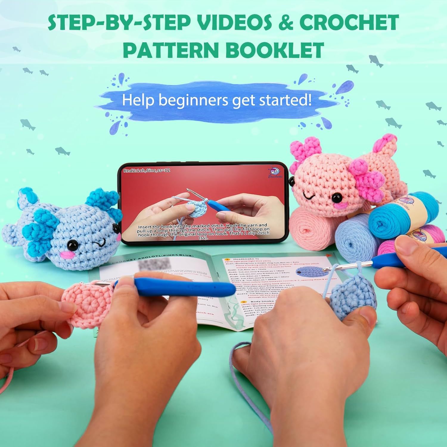 Shows everything included in the crochet kit to help beginners understand what they will receive and how the instructional materials support learning.