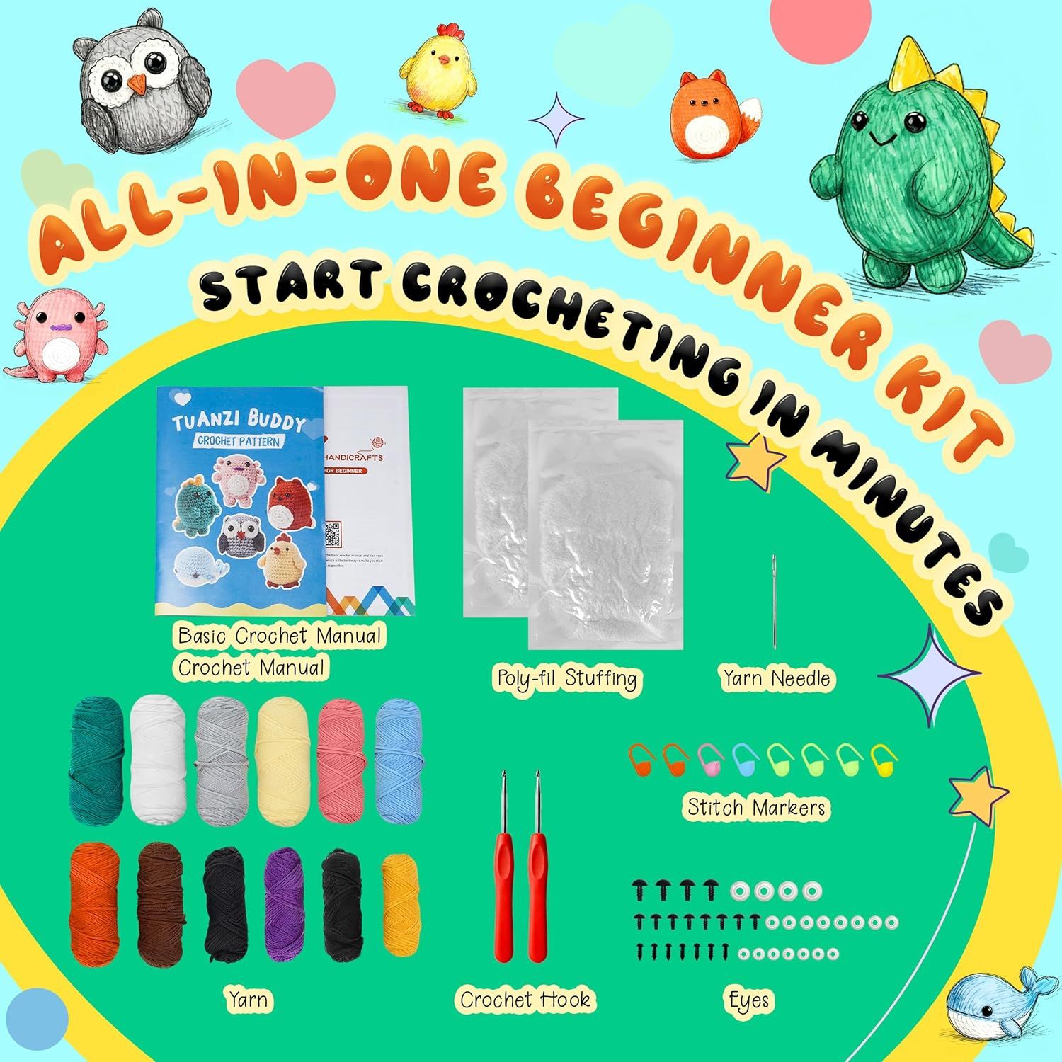 Shows all items included in the all-in-one beginner crochet kit, helping shoppers understand they receive everything needed to start crocheting including yarn, hooks, patterns, stuffing, needles,…