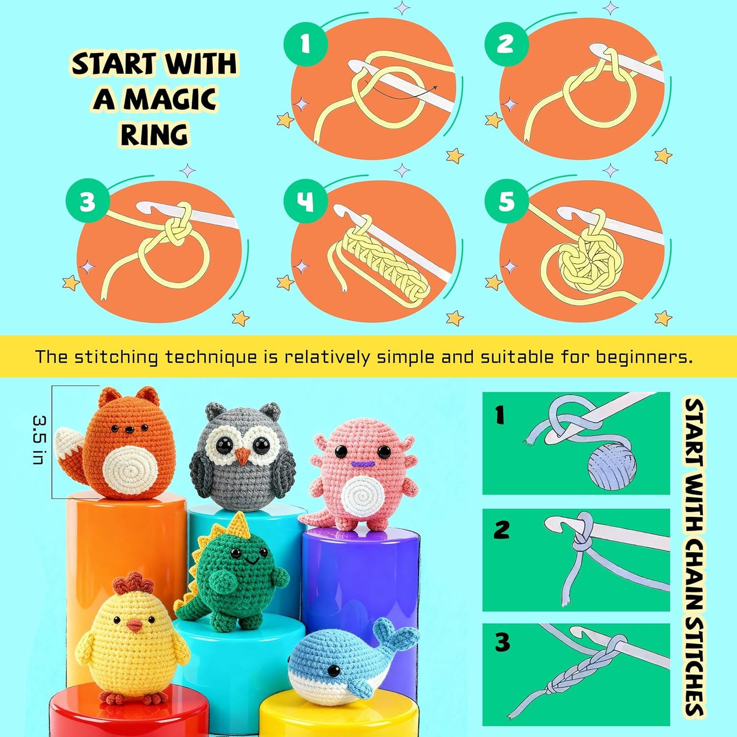 This image teaches beginners how to start crocheting using the magic ring technique and chain stitches through clear step-by-step visual instructions.
