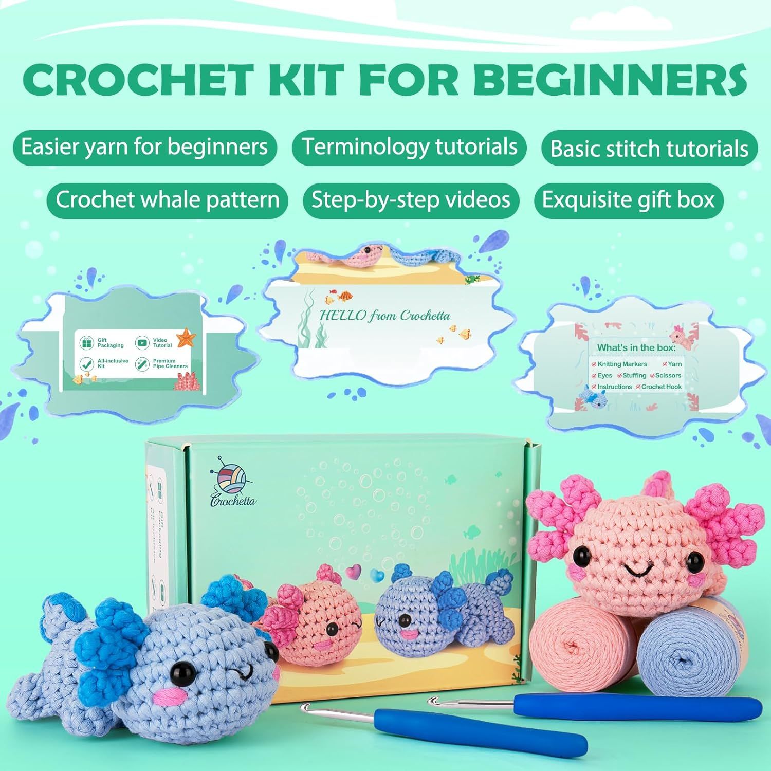 Showcases multiple features of the crochet kit to demonstrate its comprehensive value for beginners, including educational resources, easy materials, and premium presentation.
