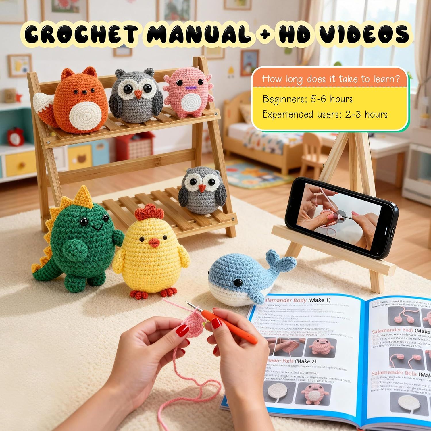 Shows shoppers everything included with the purchase: a printed crochet manual and access to HD video tutorials to help them complete the projects. Communicates how long it takes to learn the craft…