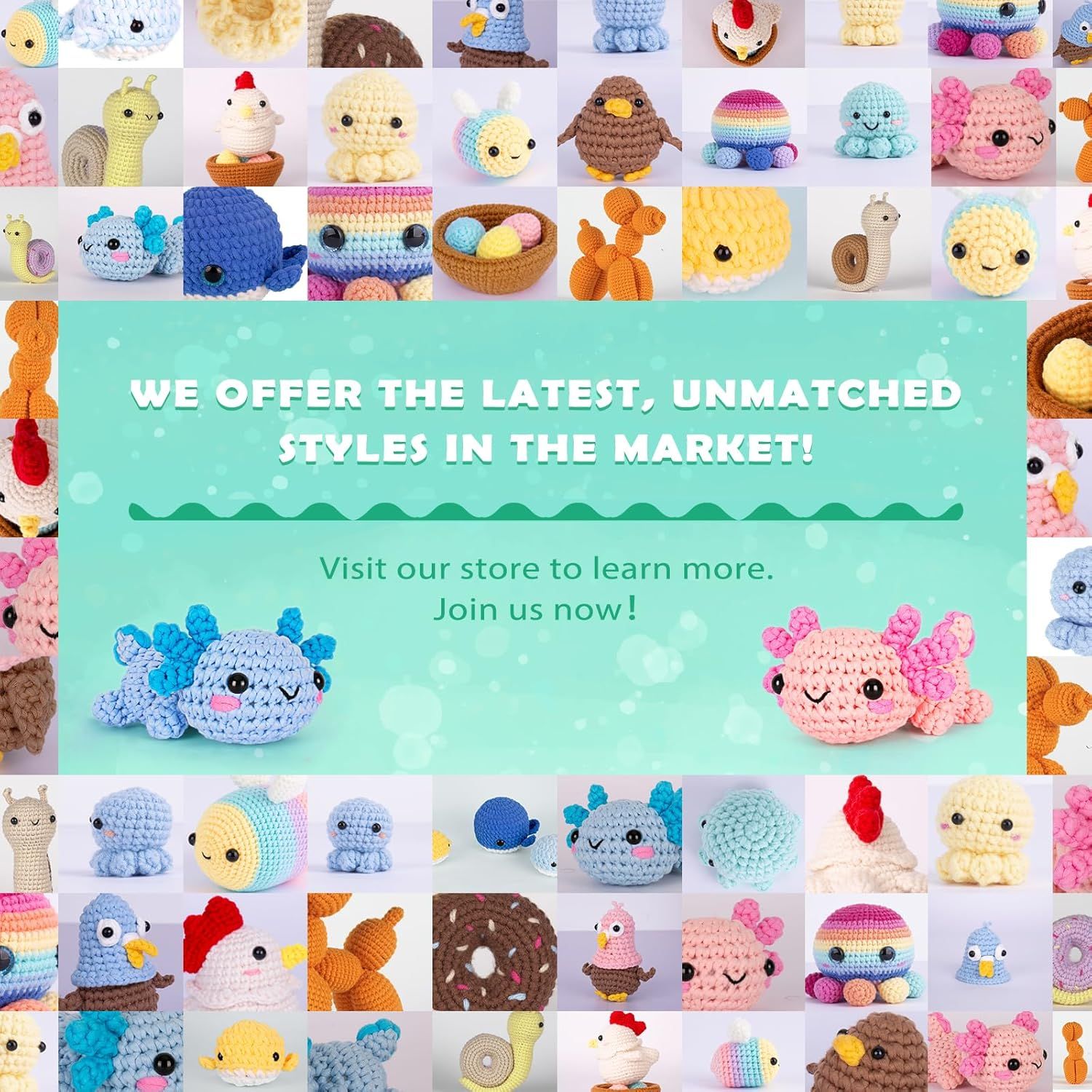 Emphasizes the brand's wide selection of crochet products and invites shoppers to visit the store and join the community.