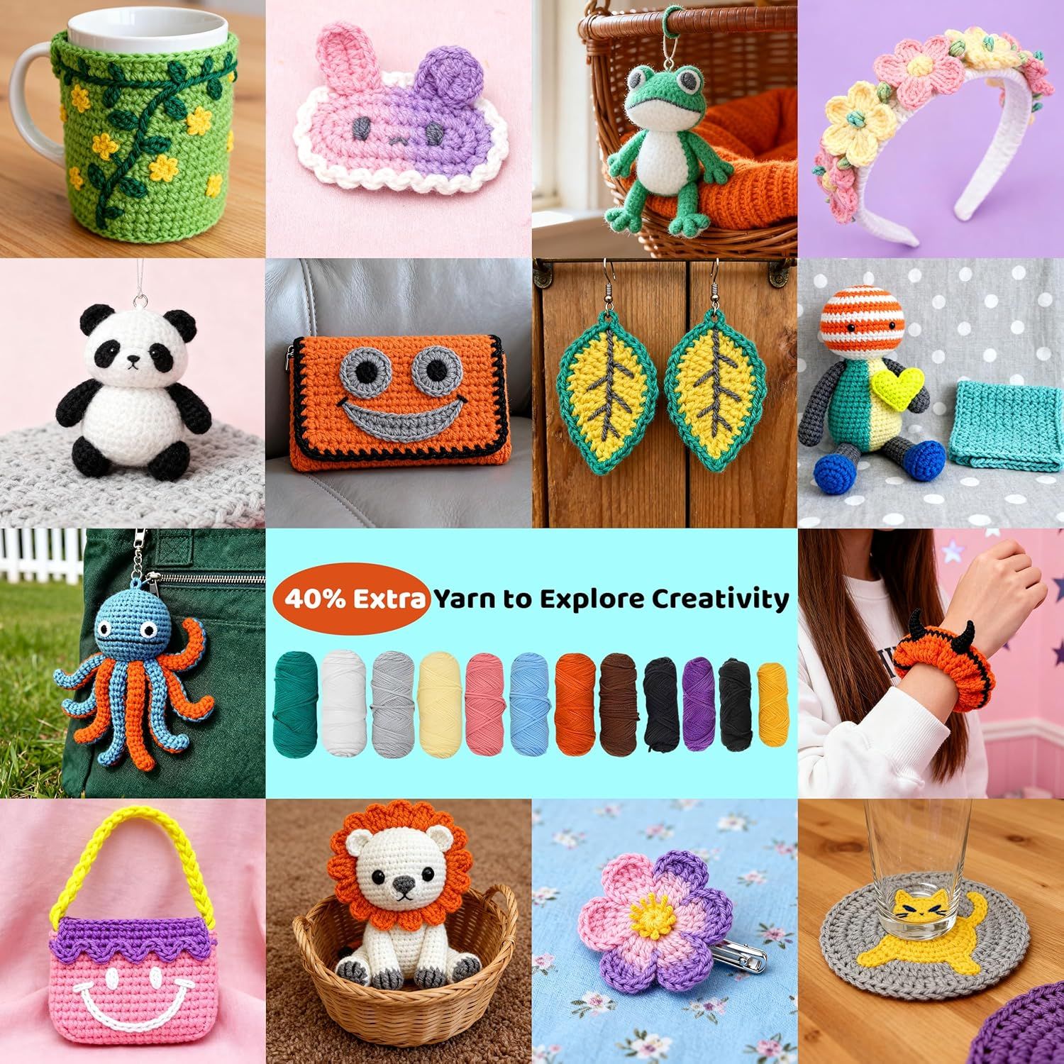 Demonstrates the wide variety of crochet projects that can be made with the yarn product, showcasing versatility and creative possibilities to inspire shoppers.