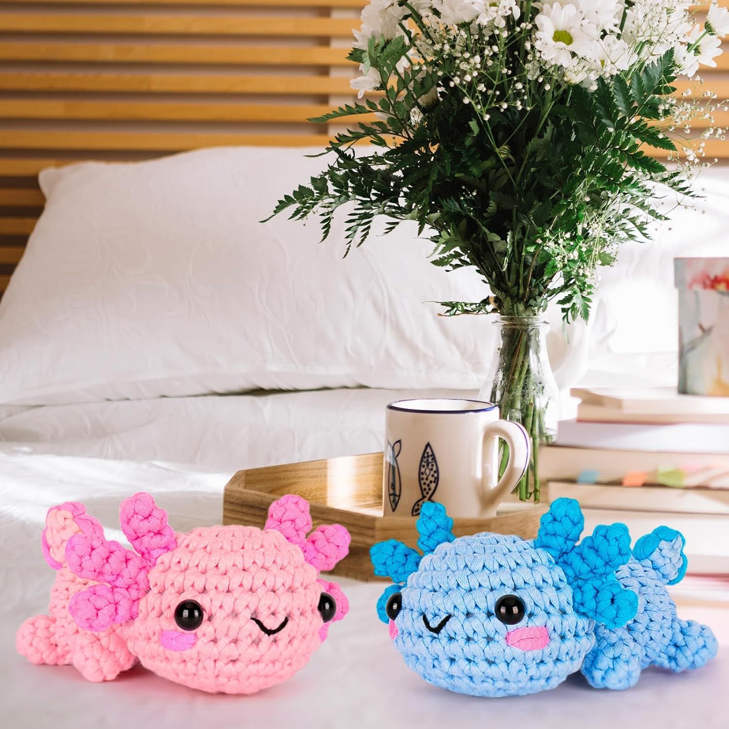 Shows the product in a real-world bedroom or home environment to help shoppers visualize how the toys would look in their own space.