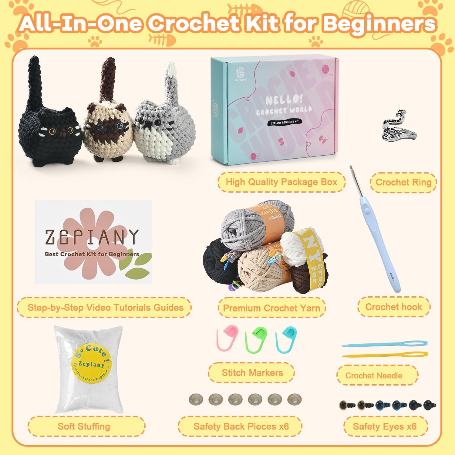 Shows all items included in the beginner crochet kit to help shoppers understand the complete package they will receive, including yarn, hooks, stuffing, safety eyes, and tutorials.