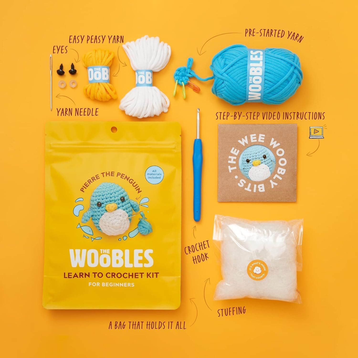 Shows everything included in the crochet kit to help shoppers understand the full value and completeness of the package before purchase.