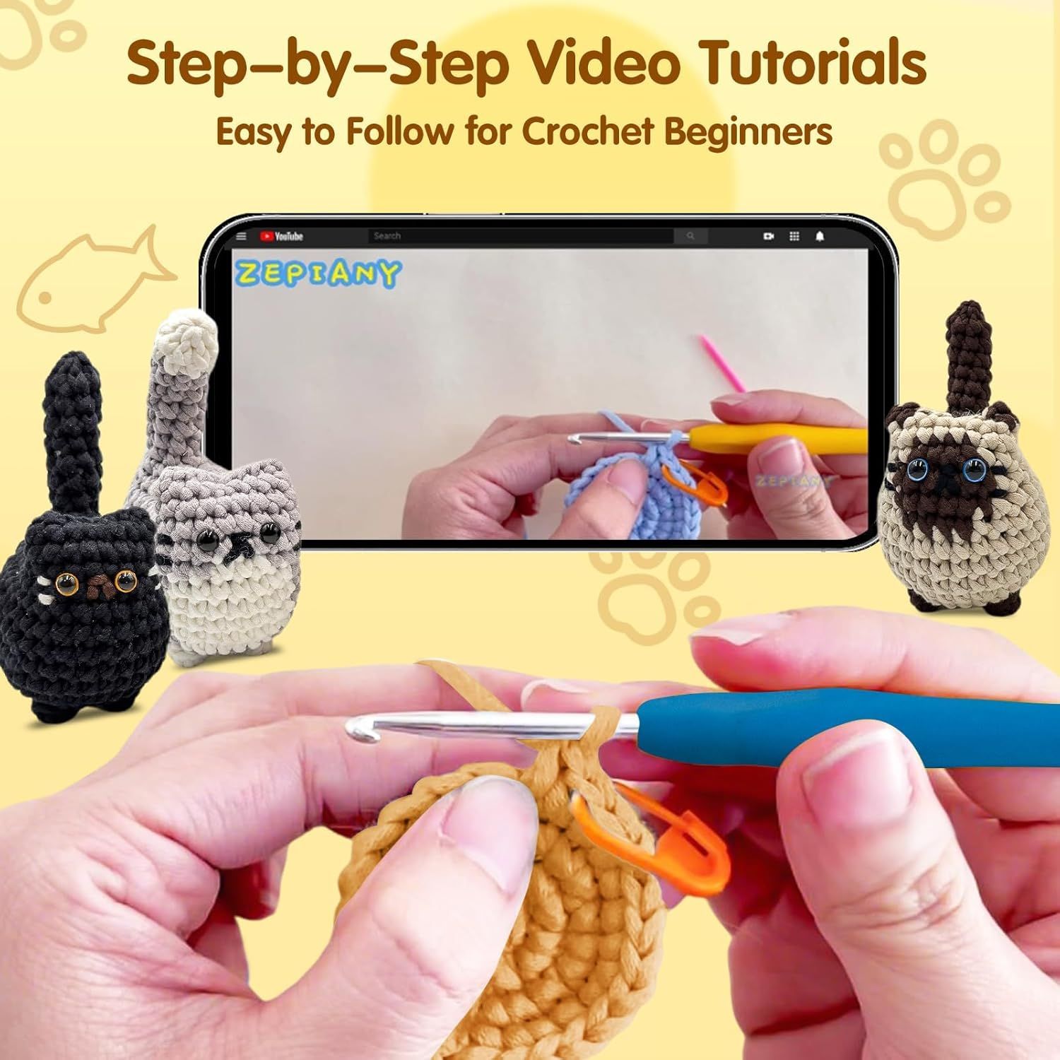 Communicates that the product includes access to easy-to-follow video tutorials that teach crochet techniques step-by-step, reducing friction for beginners learning the craft.