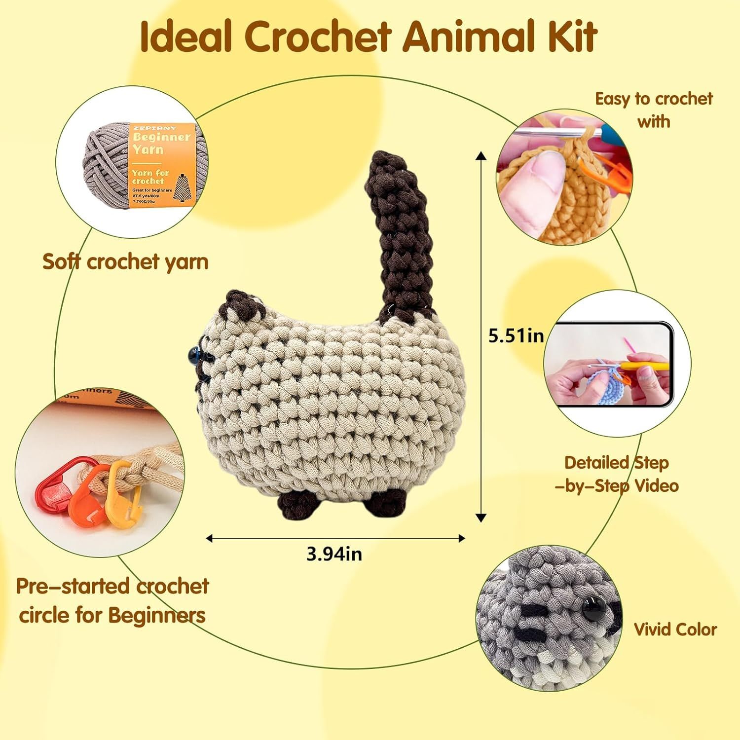 Showcases multiple features and benefits of the crochet animal kit including beginner-friendly materials, instructional support, quality yarn, and product dimensions to help shoppers understand the…