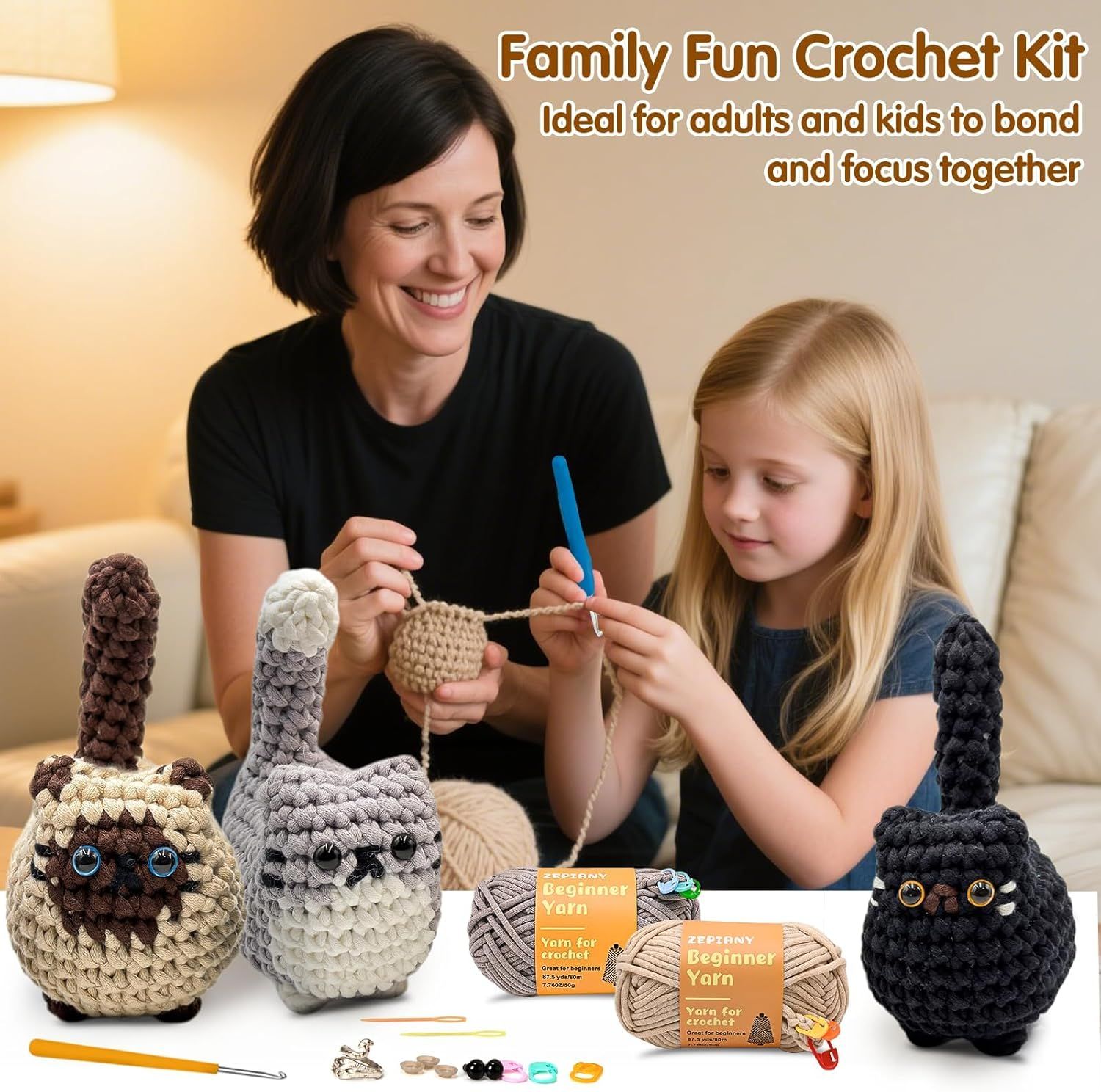 Demonstrates the crochet kit as a family activity that brings adults and kids together for quality time and creative engagement.