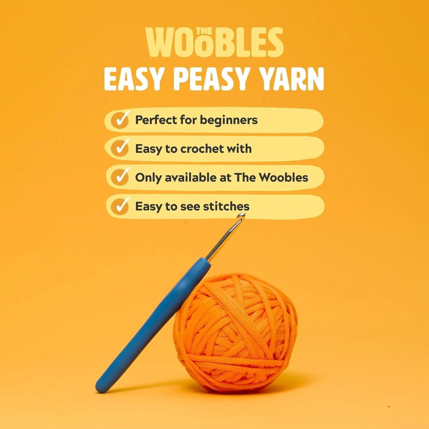 Communicates multiple benefits of The Woobles Easy Peasy Yarn to reassure shoppers that it is beginner-friendly, easy to work with, and designed for clear stitch visibility.
