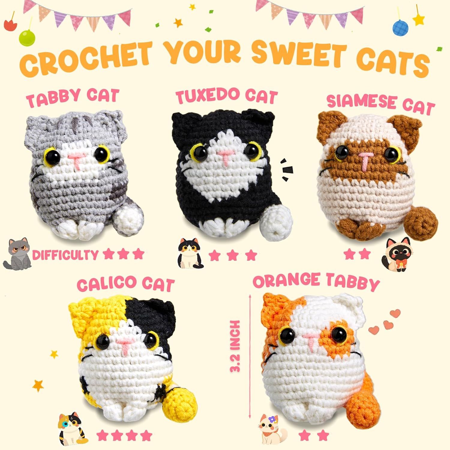 Demonstrates the different cat designs available in the crochet pattern set, showing versatility and variety to help shoppers understand all the options they can create.